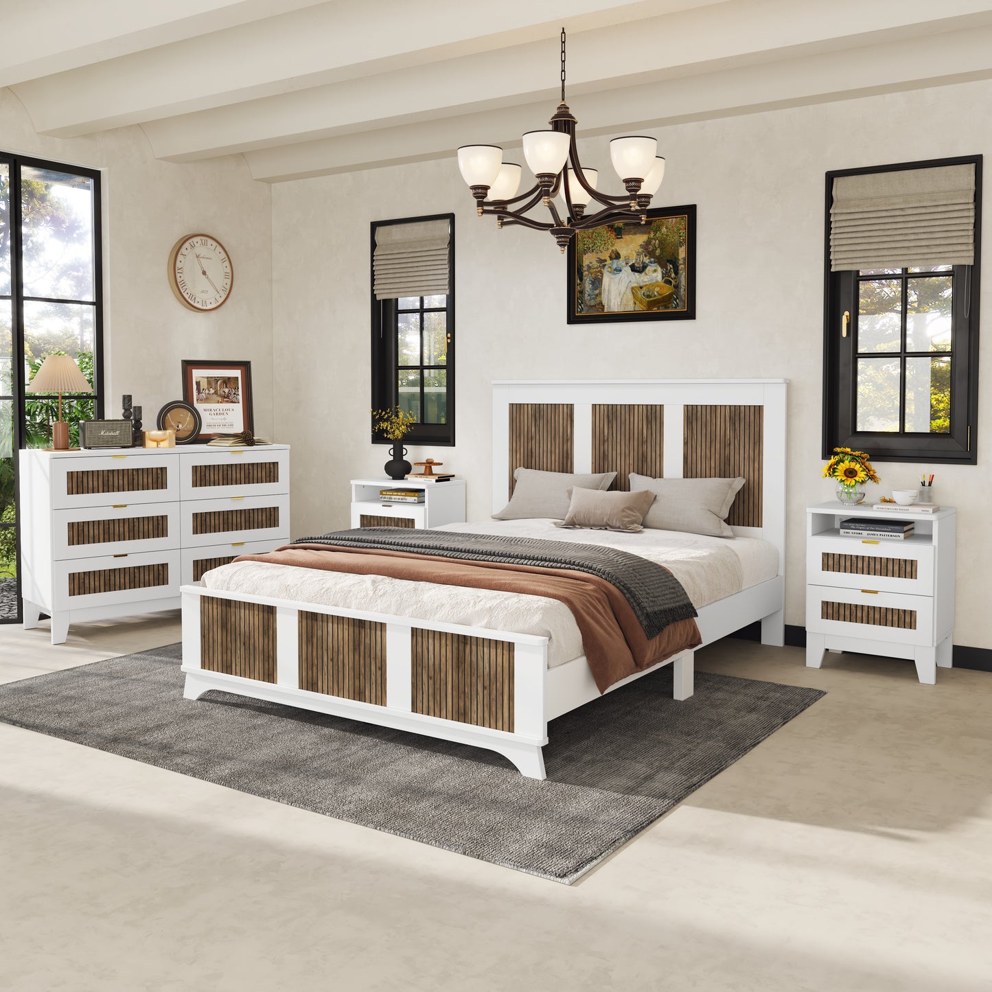 4-Pieces Bedroom Sets, Queen Size Farmhouse Platform Bed With Wooden Strip Stickers Decoration, Storage Nightstand And Dresser With Metal Handle, White Old SKU HL000191AAK