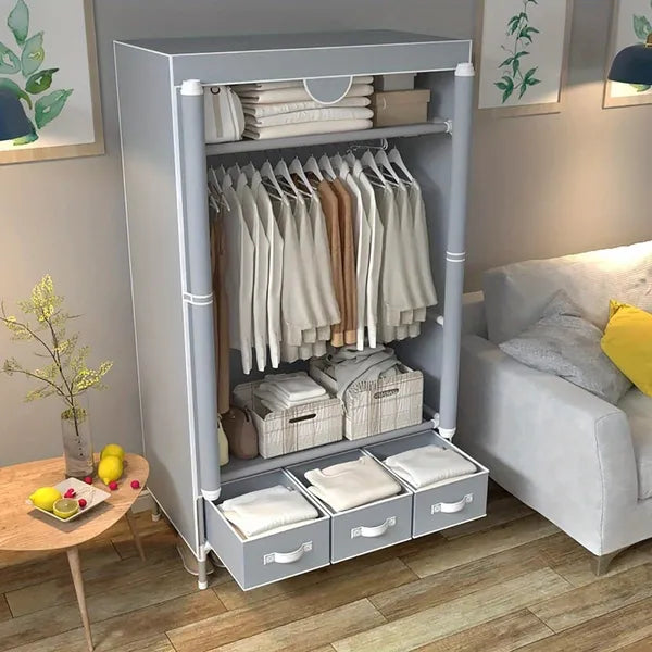 Portable Clothes Closet Rolling Door Wardrobe With Hanging Rack Non-Woven Fabric Storage Organizer With Three Drawer Boxes No-Tool Assembly - 67inx35.4inx17.7in Gray