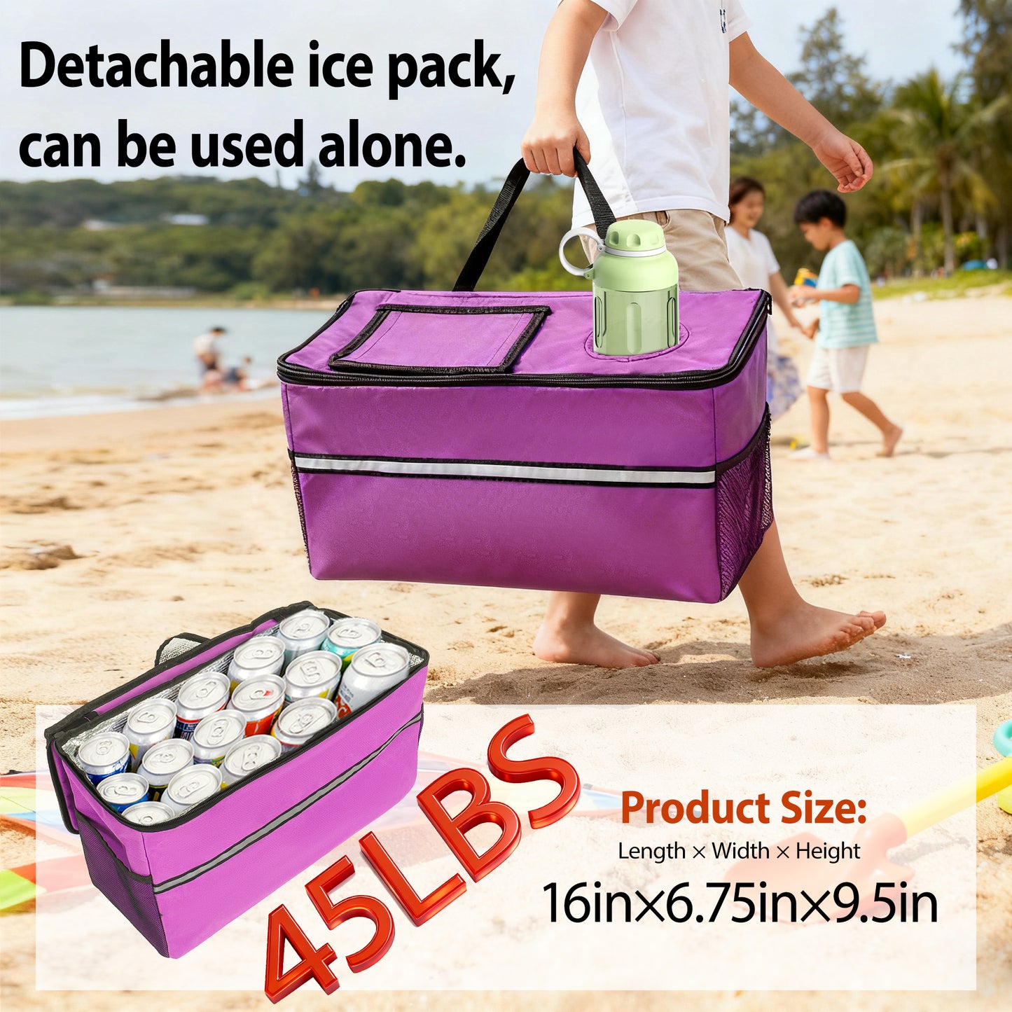 3- In- 1 Folding Wagon Cart With Bench Seat & Storage  Patent Protection -  Includes 1 Ice Pack  500lbs Heavy- Duty  180L Capacity All- Terrain Wheels For Camping  Beach  Sports  Garden  Purple