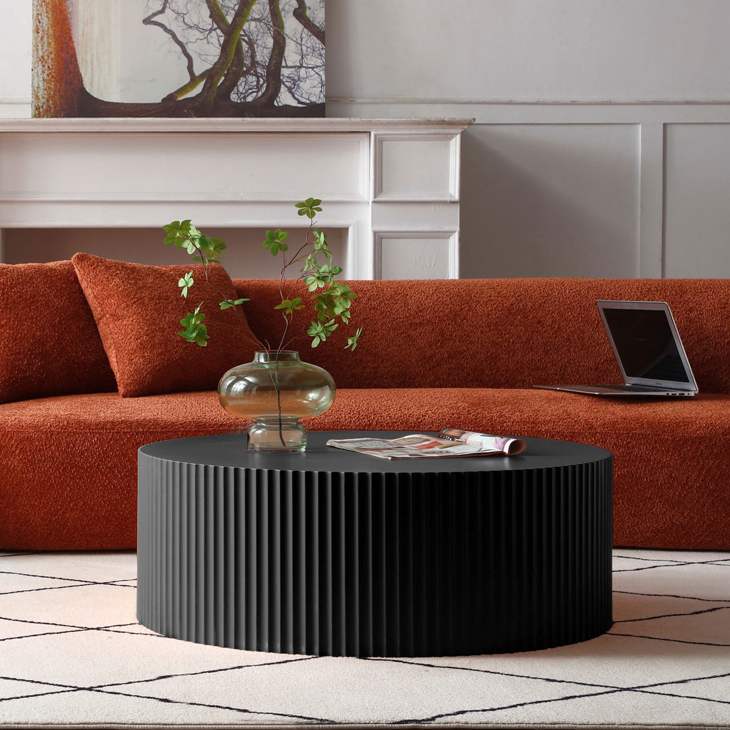 Sleek And Modern Round Coffee Table With Eye-Catching Relief Design, Black Same Sku W87676996