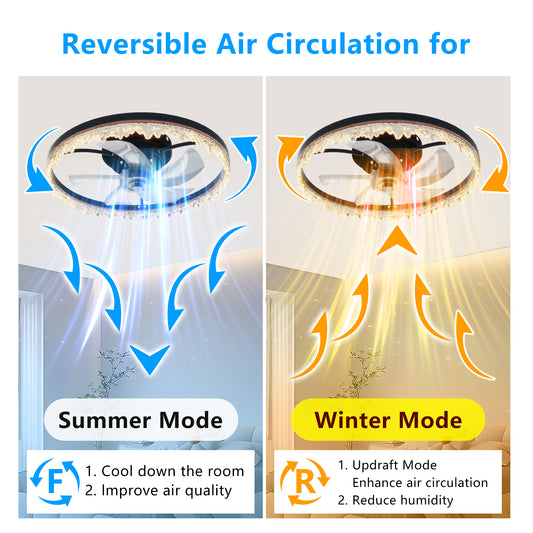 Smart Flush Mount Ceiling Fan With Light-20-inch Integrated LED Chandelier With 5 Invisible Blades, Remote Control & Timer, Dimmable Lighting, Ultra-Quiet Operation For Bedroom, Living Room, And Din