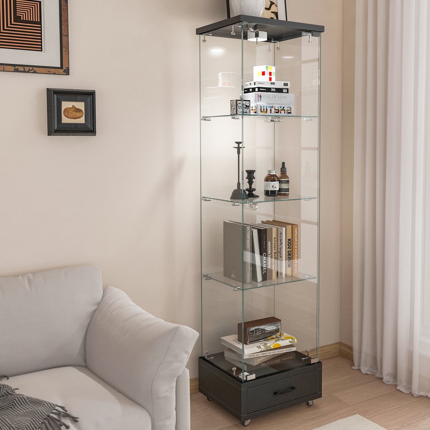 Modern Glass Display Cabinet With Drawer , Quick-assembly Antique Cabinet With LED Lights, Tempered Glass Bookshelf,  1-Door Storage Case With 4 Shelves  For Living Room And Bedroom, Black