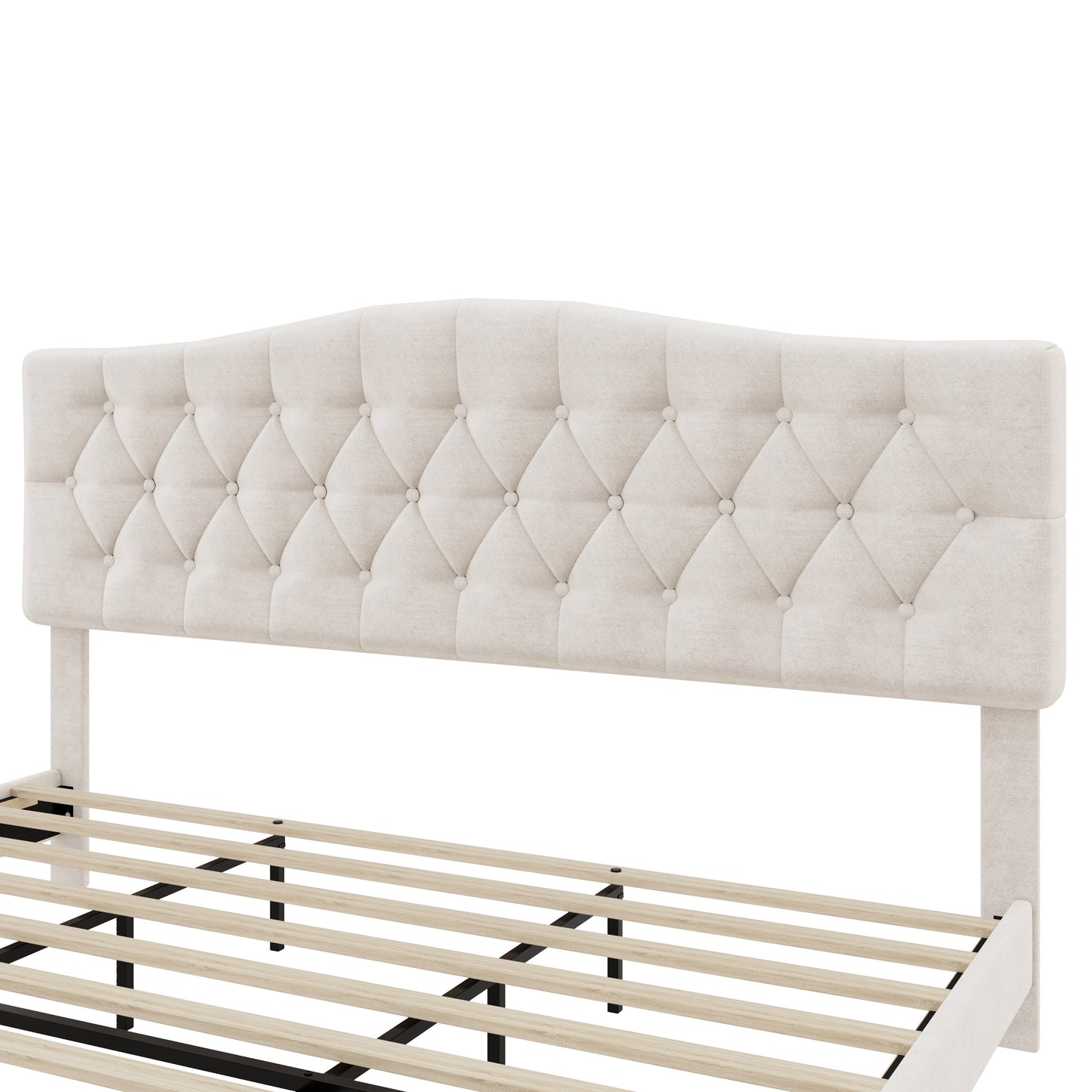 Upholstered Platform Bed With Saddle Curved Adjustable Headboard And Diamond Tufted Details,Wooden Slats And Metal Support, No Box Spring Needed,King, Beige