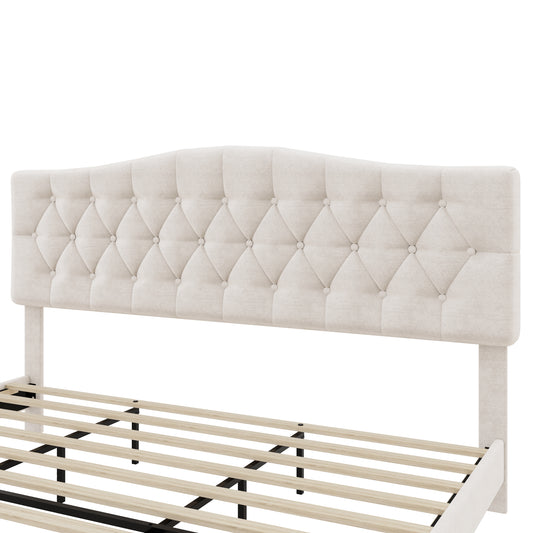 Upholstered Platform Bed With Saddle Curved Adjustable Headboard And Diamond Tufted Details,Wooden Slats And Metal Support, No Box Spring Needed,King, Beige