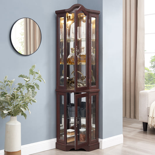 Lighted Corner Curio Cabinet With Tempered Glass Doors & Shelves - Elegant Oak Display Storage For Living Room & Bedroom Decor-DARK CHERRY