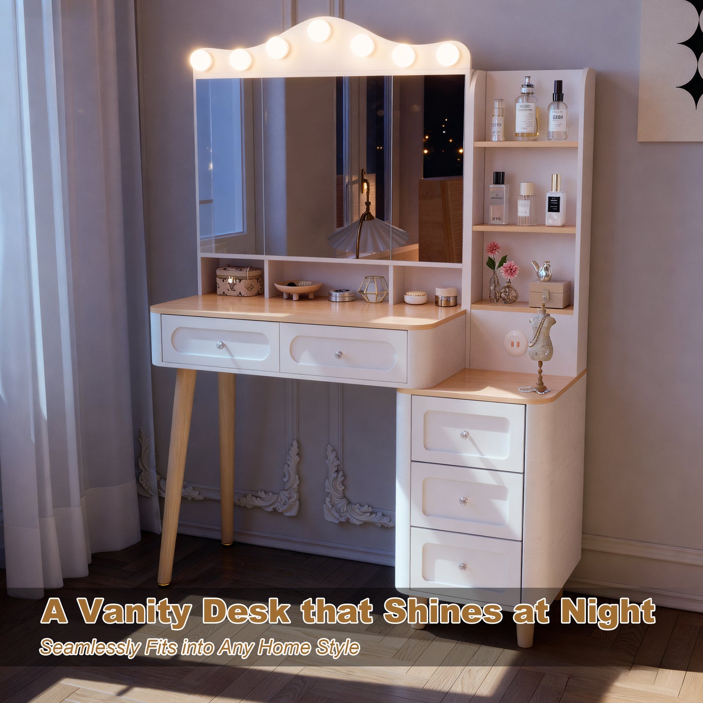 Vanity Desk With Mirror And Lights,Makeup Vanity With 2 USB Power Strip,Vanity Set With Two Drawers And Three-drawer Chest, 3 Lighting Modes Adjustable Brightness, Foldable Three-sided Mirror White