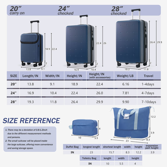 Hardside Luggage Set 5 Piece With Bags,20IN Half-opening Carry On Luggage With USB Port, Expandable 24IN 28IN Luggage With Double Spinner Wheels TSA Lock