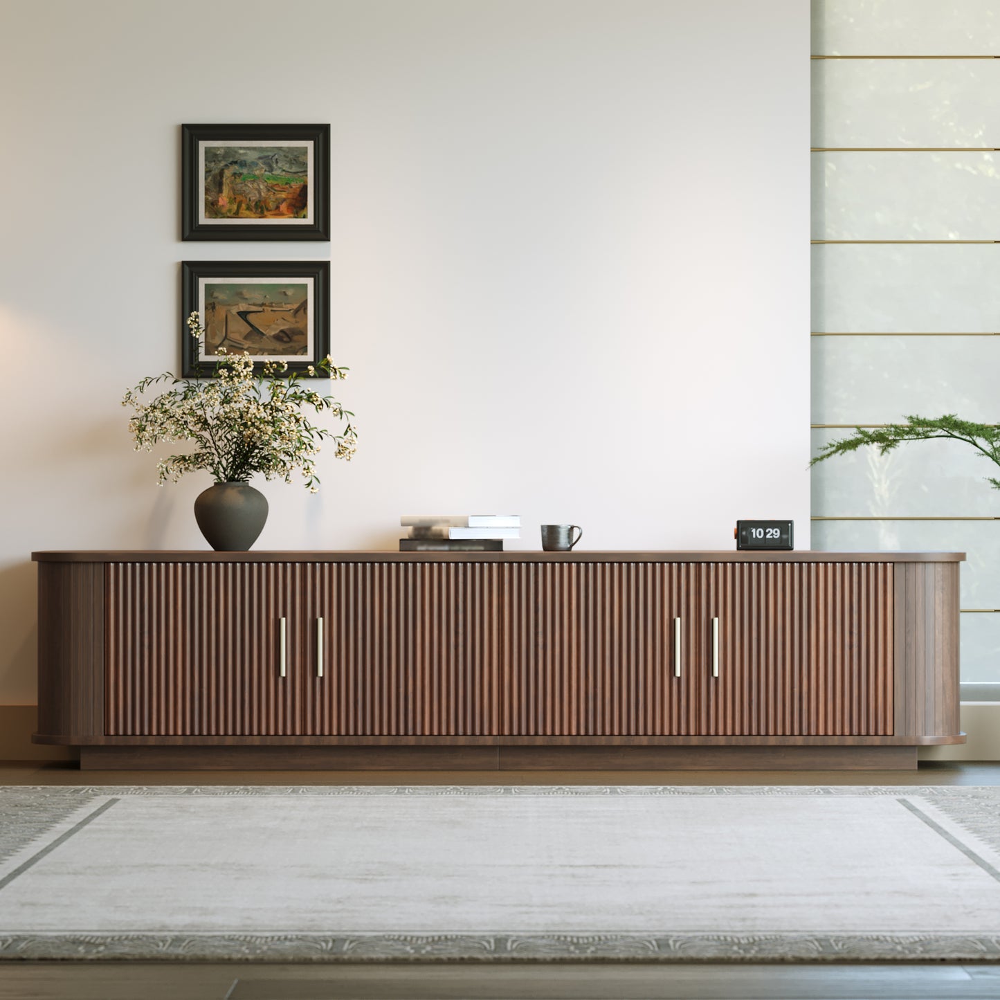 70-inch Modern TV Stand For TVs Up To 80 Inches For Living Room, Media Entertainment Center With Ample Storage & Cured Corners