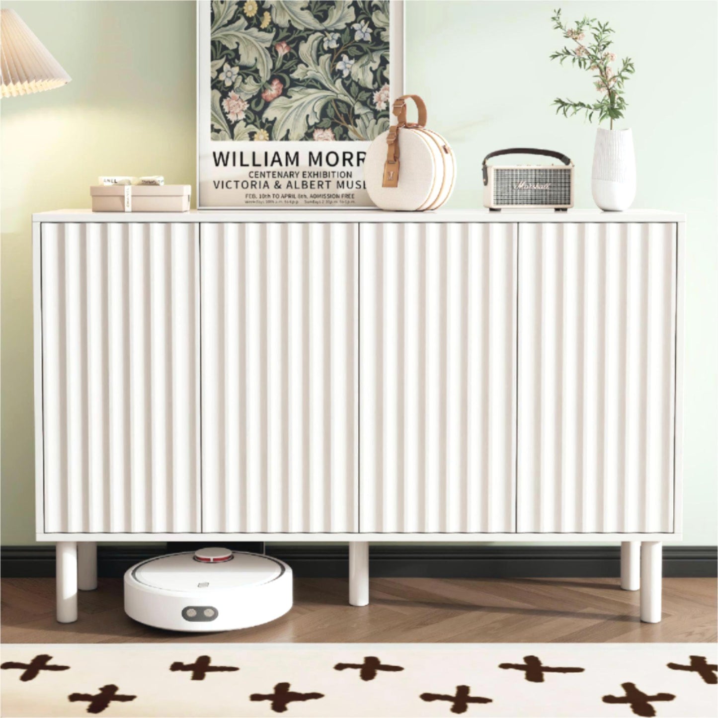 ON-TREND Minimalist Shoe Cabinet With 5 Solid Wood Legs, Cream Style Sideboard Buffet Cabinet With Fluted Doors, Large 4-Door Storage Cabinet With Adjustable Shelves For Living Room, White, 55.1x13.7