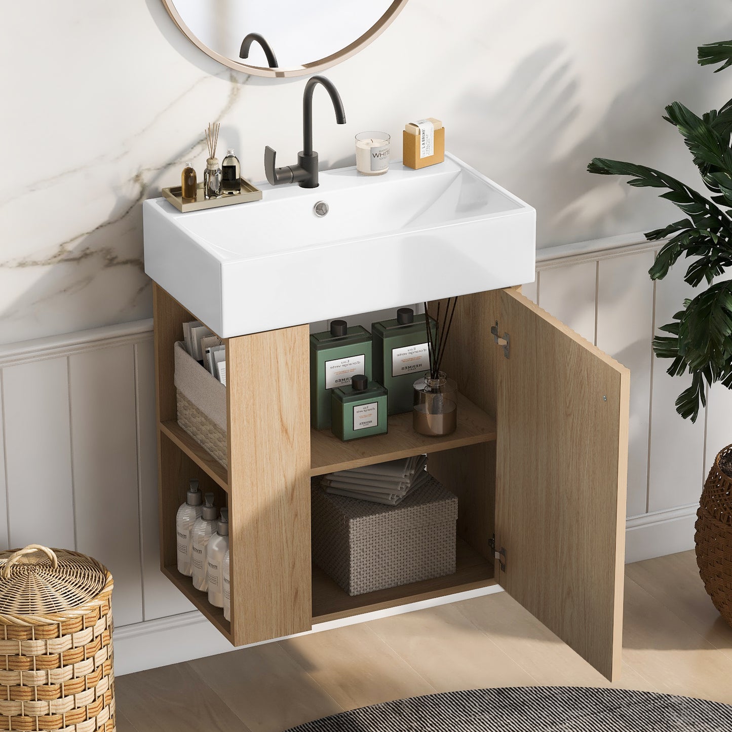 21.6 Inch Modern Floating Bathroom Vanity With Ceramic Basin - Perfect For Small Bathrooms, Left Side Storage