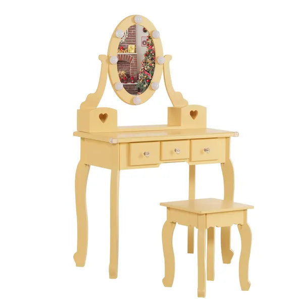 Kids Vanity Set With Mirror And Lights And Stool, 5 Storage Drawers, Pretend Play Princess Makeup Desk Dressing Table And Stool Set For Little Girls Age 3, Macaroon Orange