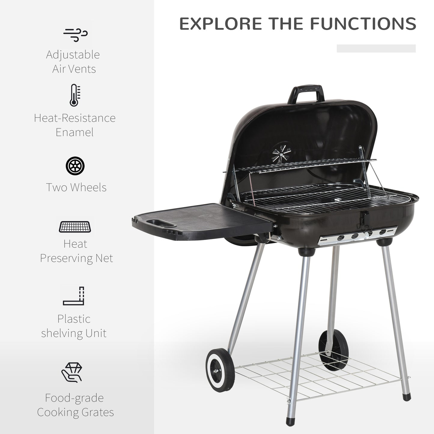 22" Charcoal Barbecue Grill With Portable Wheel, Side Tray And Lower Shelf For Outdoor BBQ For Garden, Backyard, Poolside