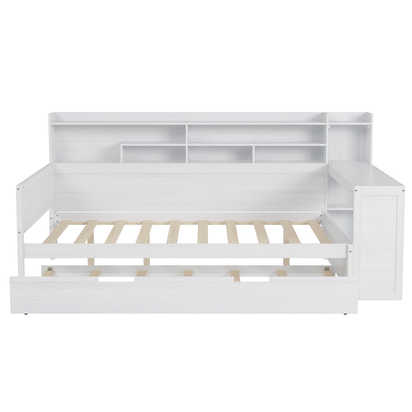 Wooden Full Size Daybed With Storage Shelves, Multi-functional Bed With Twin Size Trundle Bed And  Study Desk, Antique White
