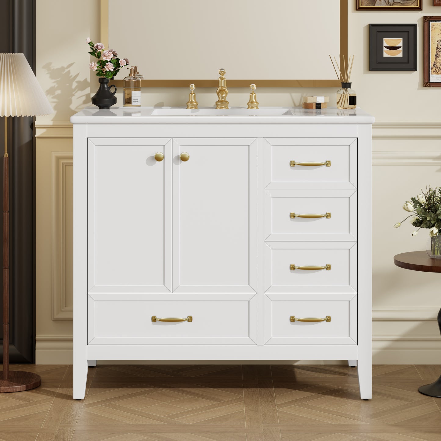 36  Bathroom Vanity With Sink, Bathroom Cabinet With Soft-Closing Door, 4 Drawers Of Different Sizes, Solid Wood Frame And Leg, Two Packages, White