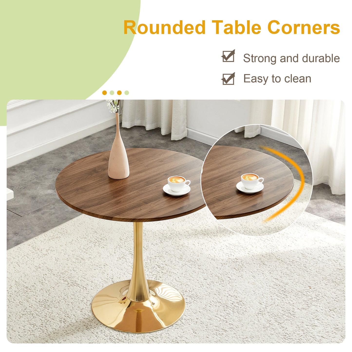 Round Dining Table, 31.5in Circle Tulip Table With Thickened Tabletop & Metal Pedestal, Mid Century Modern Bistro Table For Kitchen, Small Places, Living Room, Cafe  Faux Walnut