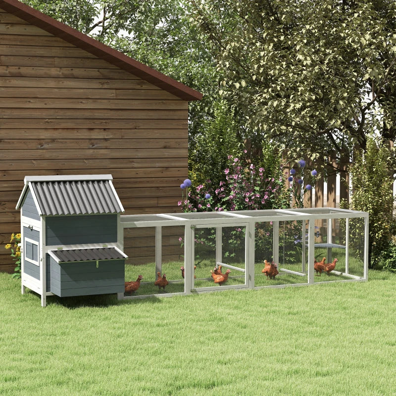 156Extra Large Wooden Chicken Coop With 2 Nesting Box, Run Cage, Waterproof Wave Roof, For 10-15 Chickens, Light Gray