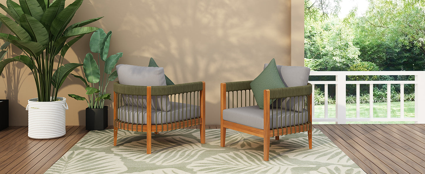 Acacia Wood Outdoor Club Chair With Handwoven Rope Accents & Curved Backrest - Water-Resistant Boho Patio Lounge Chair With Removable Cushions For Porch, Garden