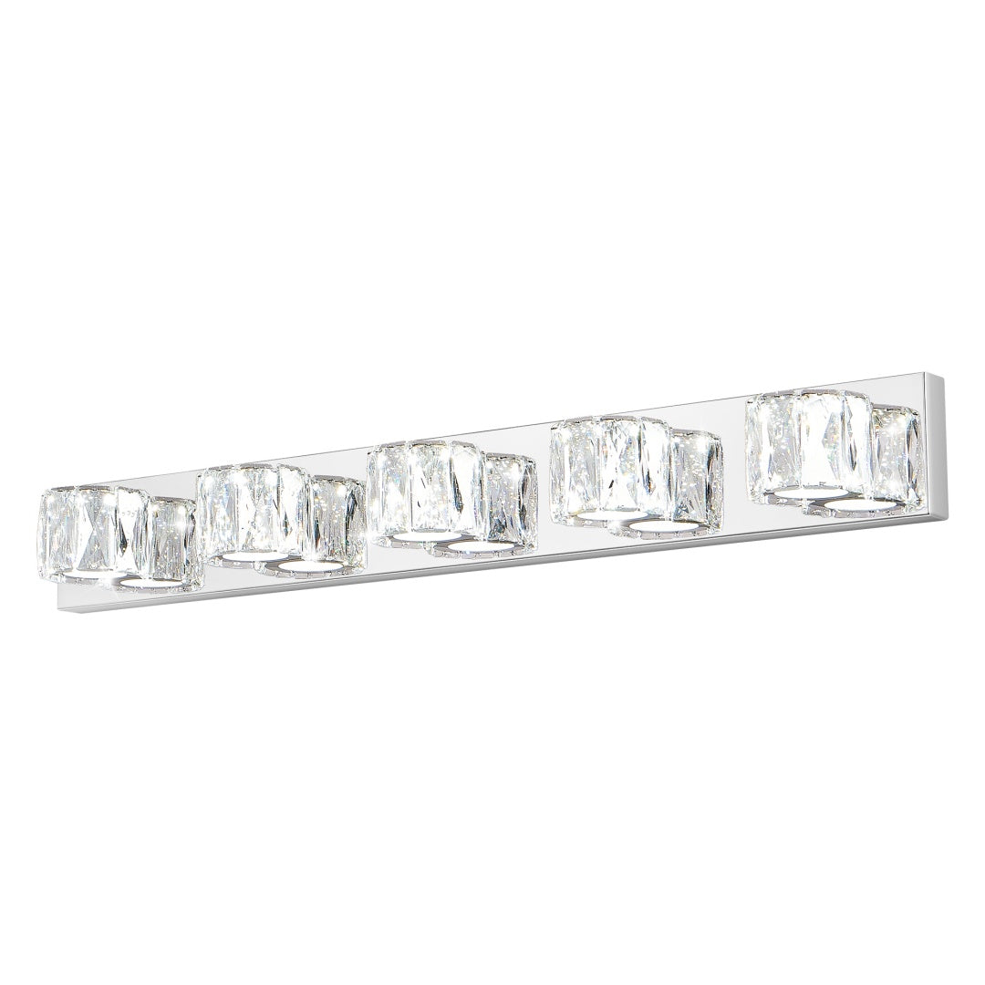 35  Modern Crystal 5-Light LED Wall Sconce -Elegant Chrome Bathroom Vanity Light With Clear Crystal Shades For Bathroom, Bedroom, Or Hallway