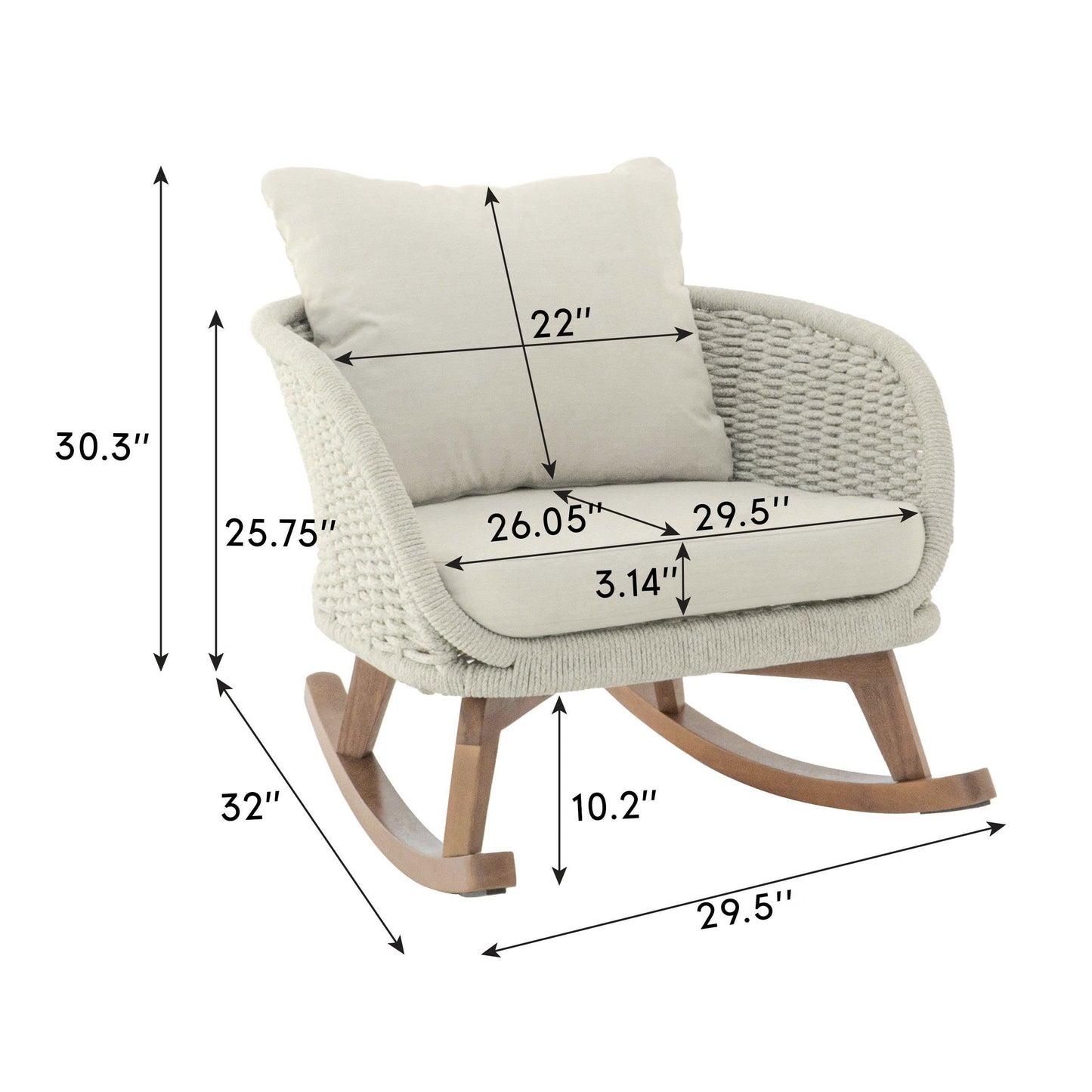 Contemporary Minimalist Beige Wicker Rocking Chair With Soft Polyester Cushions And Durable Wooden Frame, Perfect For Indoor And Outdoor Spaces Like Patio, Balcony, Or Living Room