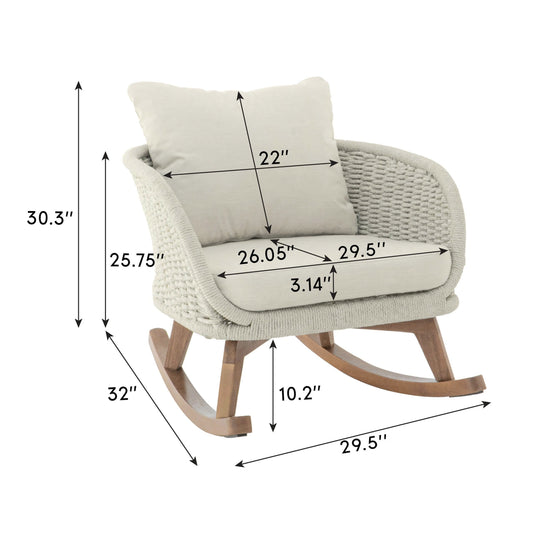 Contemporary Minimalist Beige Wicker Rocking Chair With Soft Polyester Cushions And Durable Wooden Frame, Perfect For Indoor And Outdoor Spaces Like Patio, Balcony, Or Living Room