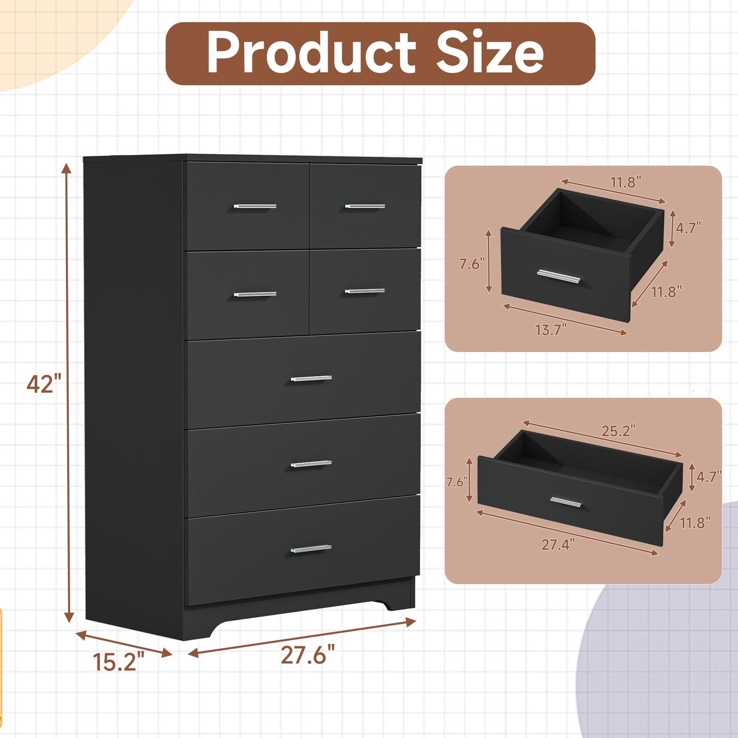 Wooden 7-Drawer Storage Cabinet With Built-In Outlet Durable Organizer For Bedroom, Living Room, And Office