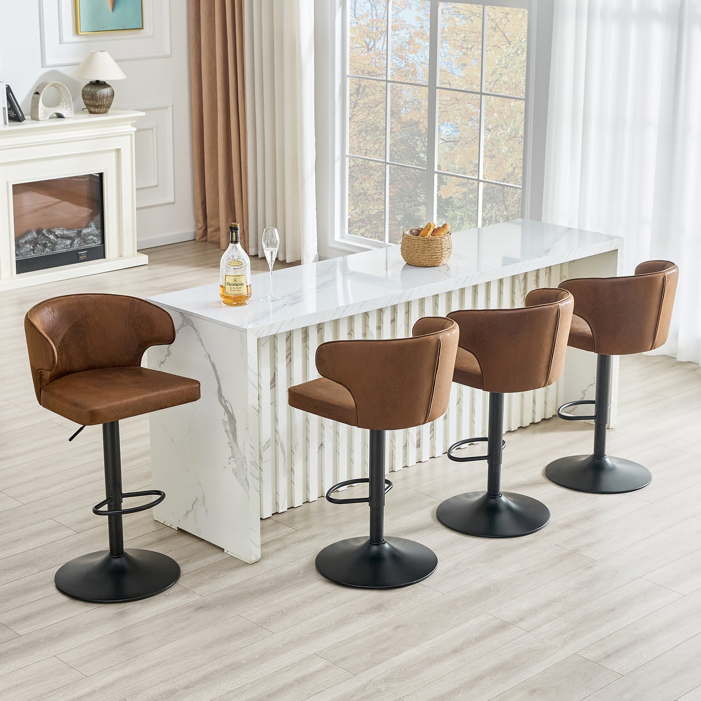Modern Rotating Adjustable Bar Chair, Suede With Backrest Swivel Chair, Suitable For Kitchen Bar And Dining Room, Height Adjustable, Load-bearing Up To 300 Pounds  Brown -4 Pieces