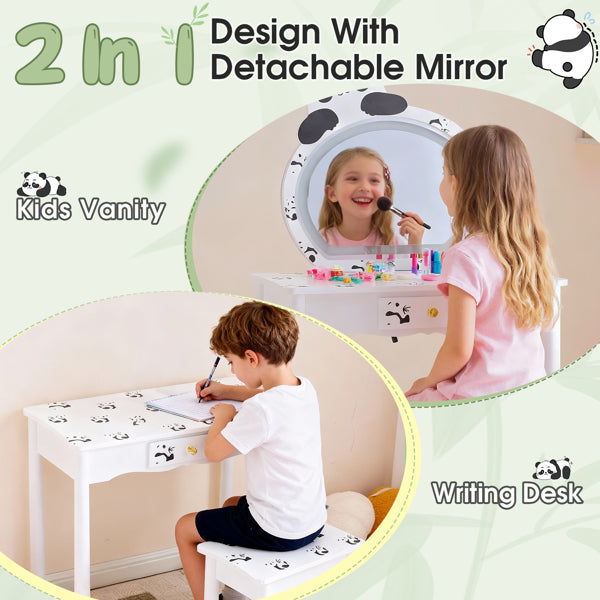 Black And White Panda MDF Painted Finish, Solid Wood Legs, 1-drawer Children's Dressing Table Set, LED Three-color Backlit Touch Switch