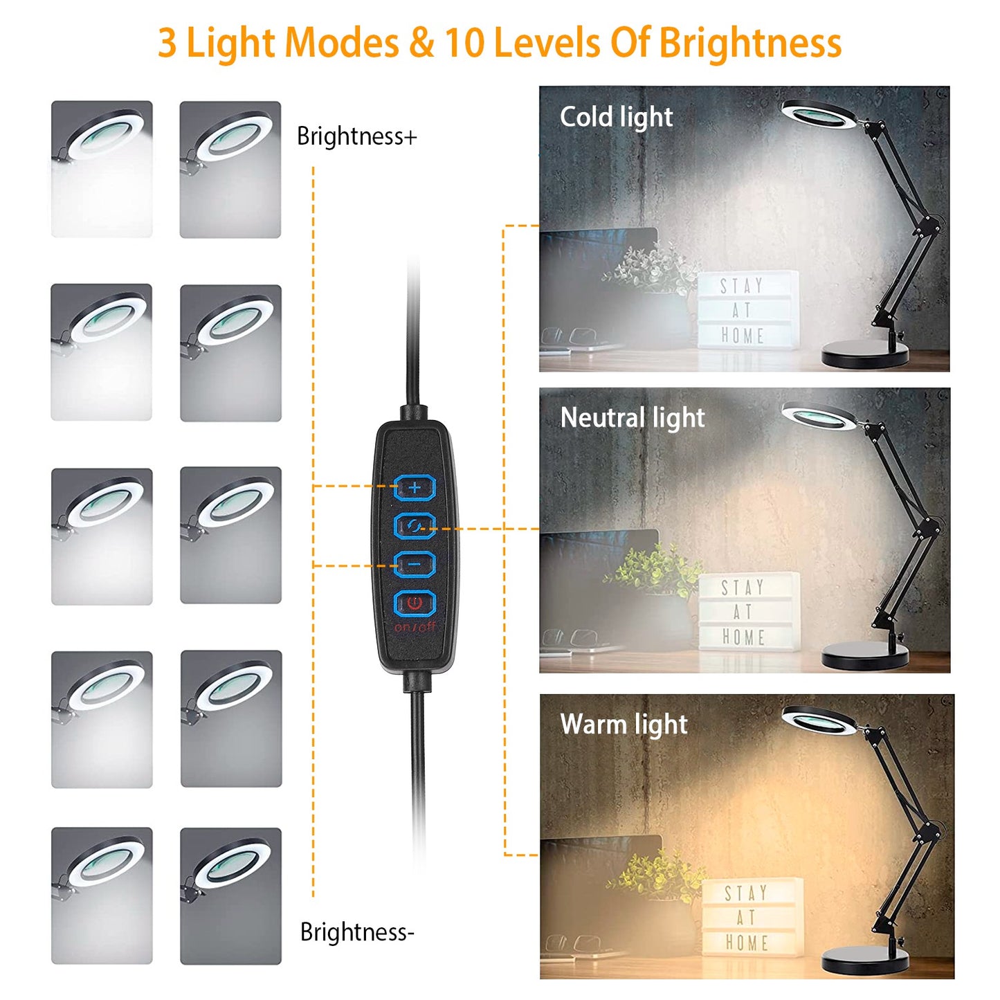 1Pack 2 In 1 LED Magnifier Desk Lamp 8x Magnifying Glass With Light Swing Arm Desk Table Light USB Reading Lamp With Clamp Stand 10 Brightness 3 Modes