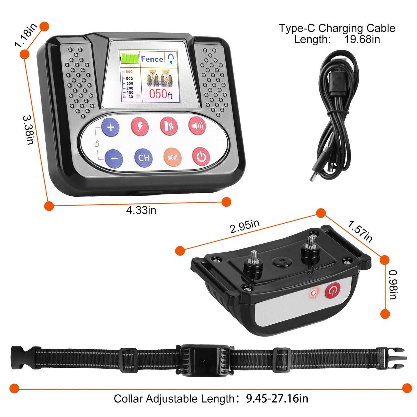 1Set 990FT Range Dog Wireless Fence Remote Training Collar IPX6 Waterproof Receiver With 0-9 Levels Beep Vibration Shock Mode 4 Channels Rechargeable Transmitter System