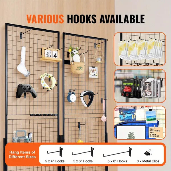 67x24 In Grid Wall Panels Tower, 2 Packs Wire Gridwall Display Racks With T-Base Floorstanding, Double Side Gridwall Panels For Art Craft Shows, Retail Display With Extra Clips And Hooks