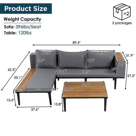 Luxury Patio Furniture Set With Removable Cushions And Coffee Table, L-Shaped  Acacia Wood Sofa With Side Table, Outdoor Conversation Sectional Sofa  For Backyard, Porch, Gray