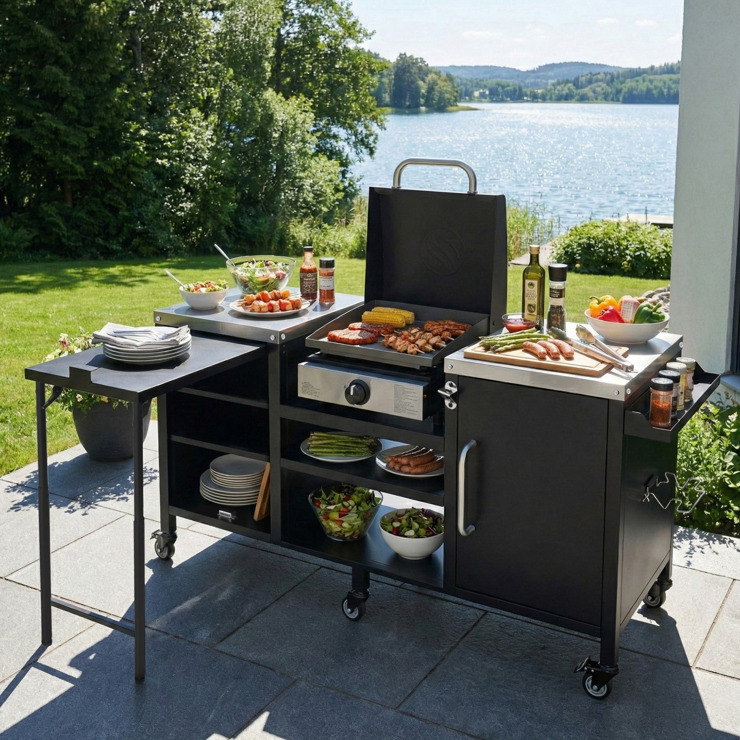 K&K 72.4 Large Grill Table For Large Big Green Egg, Metal Outdoor Grill Cart With Fold-out Prep Table, Adjustable Shelves, Spice Rack, Outdoor Kitchen Island For Big Green Egg, Kamado Joe Classic