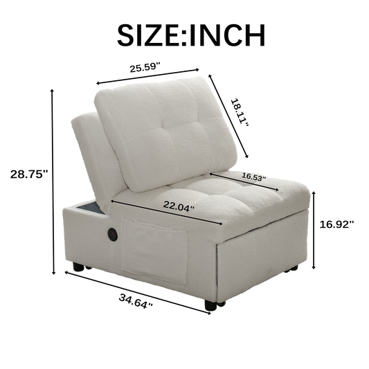 Single Sofa Bed Without Armrests, Soft Teddy Fabric Texture, Skin-friendly, Built-in USB Charging Port, Side Storage Pocket, Adjustable Backrest, Suitable For Small Apartment Living Rooms Or Studies