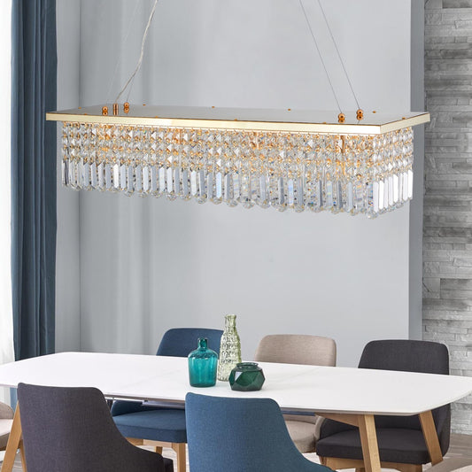 Modern Crystal Chandelier For Dining Room 8-Light Gold Rectangle Raindrop Chandelier Contemporary Rectangular Pendant Light Fixture For Kitchen Island Bar L39.4  X W9.8   X H8.7  Bulb Not Included