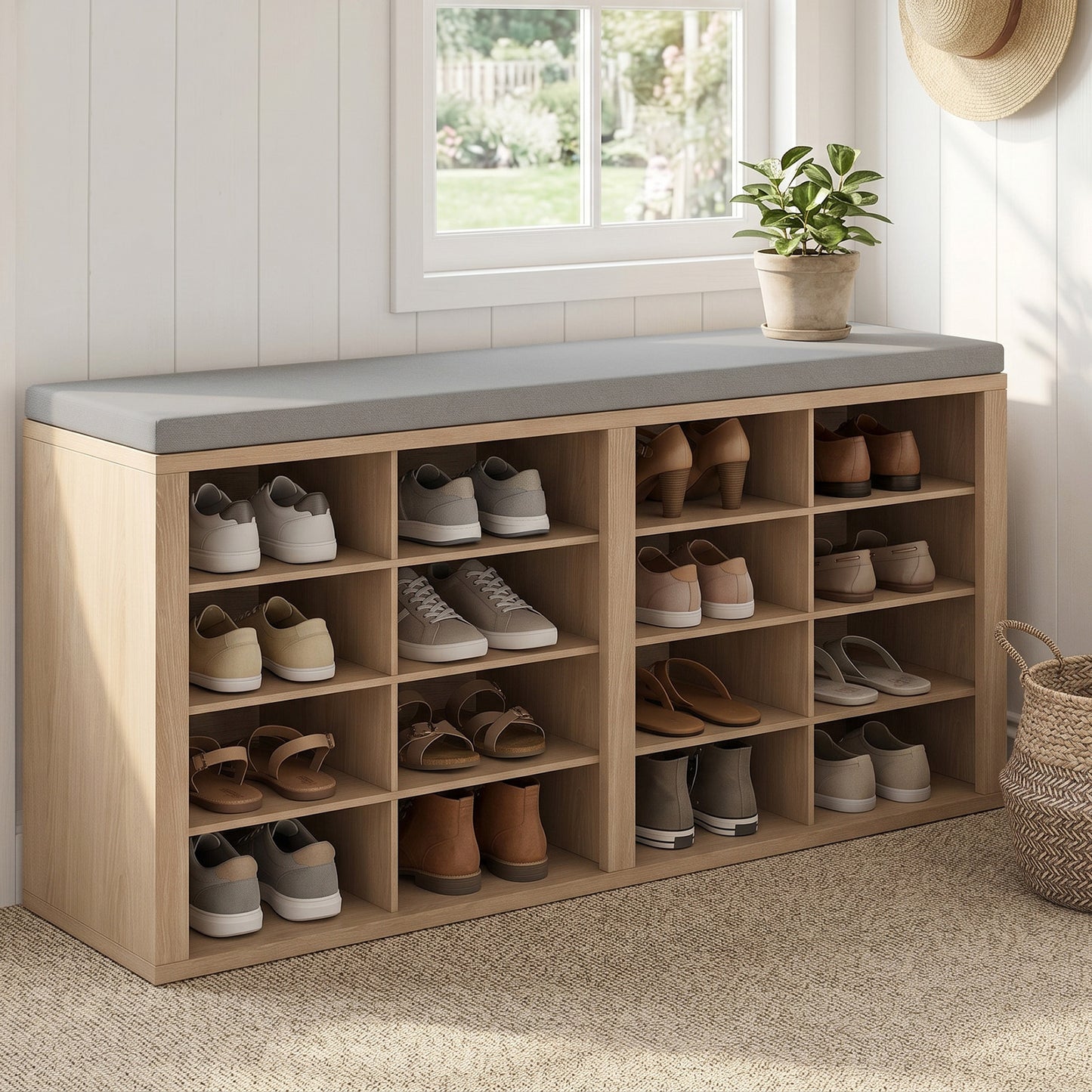 Shoe Storage Bench With Cushion 16 Cubby Shoe Rack Multifunctional Shoe Organizer Bench For Entryway Hallway Living Room Bedroom