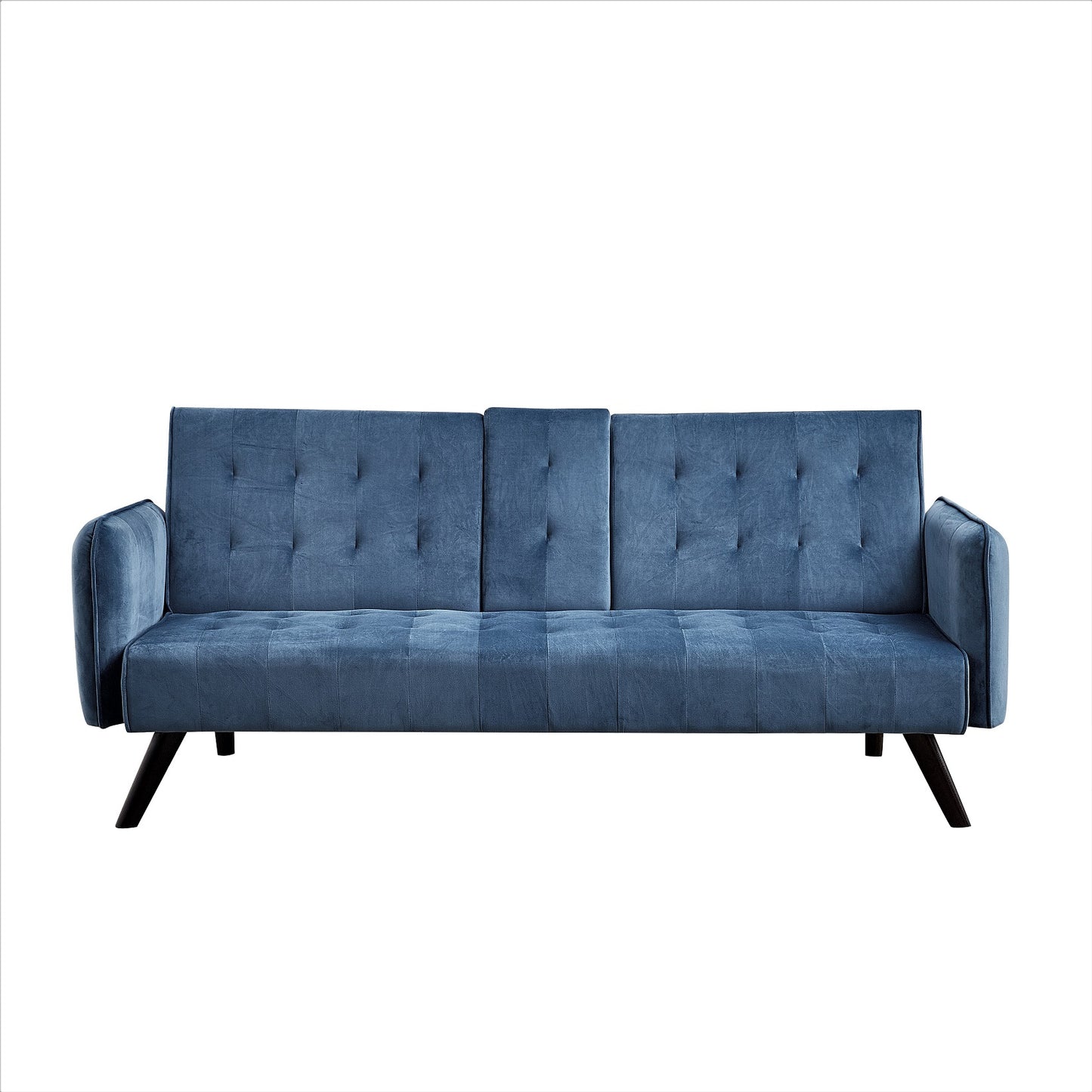 72   Velvet Convertible Sofa Bed With Cup Holders, Tufted Folding Futon Sleeper Couch, Mid-Century Modern 3 Seater For Small Spaces, 72   L X 34.6   D X 31   H,  Blue