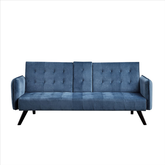72   Velvet Convertible Sofa Bed With Cup Holders, Tufted Folding Futon Sleeper Couch, Mid-Century Modern 3 Seater For Small Spaces, 72   L X 34.6   D X 31   H,  Blue