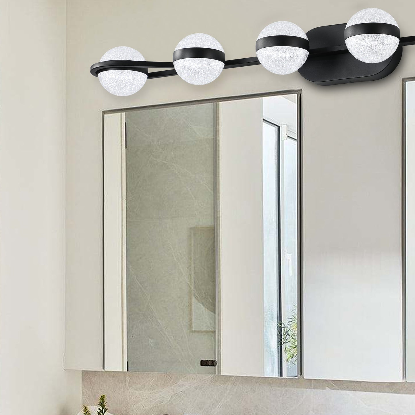 43in Black Minimalist LED Bathroom Vanity Light With Crystal Sand Acrylic Shades,6-Light Wall Mounted Decorative Lighting Fixture, Suitable For Bathroom Vanity Mirror