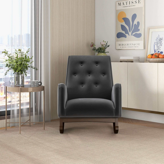 Elegant Style Demetrius Dark Grey Fabric Rocking Chair With Solid Wood Frame For Living Room And Nursery 36.6  H X 27.5  W X 39  D For Living Room Bedroom Reading