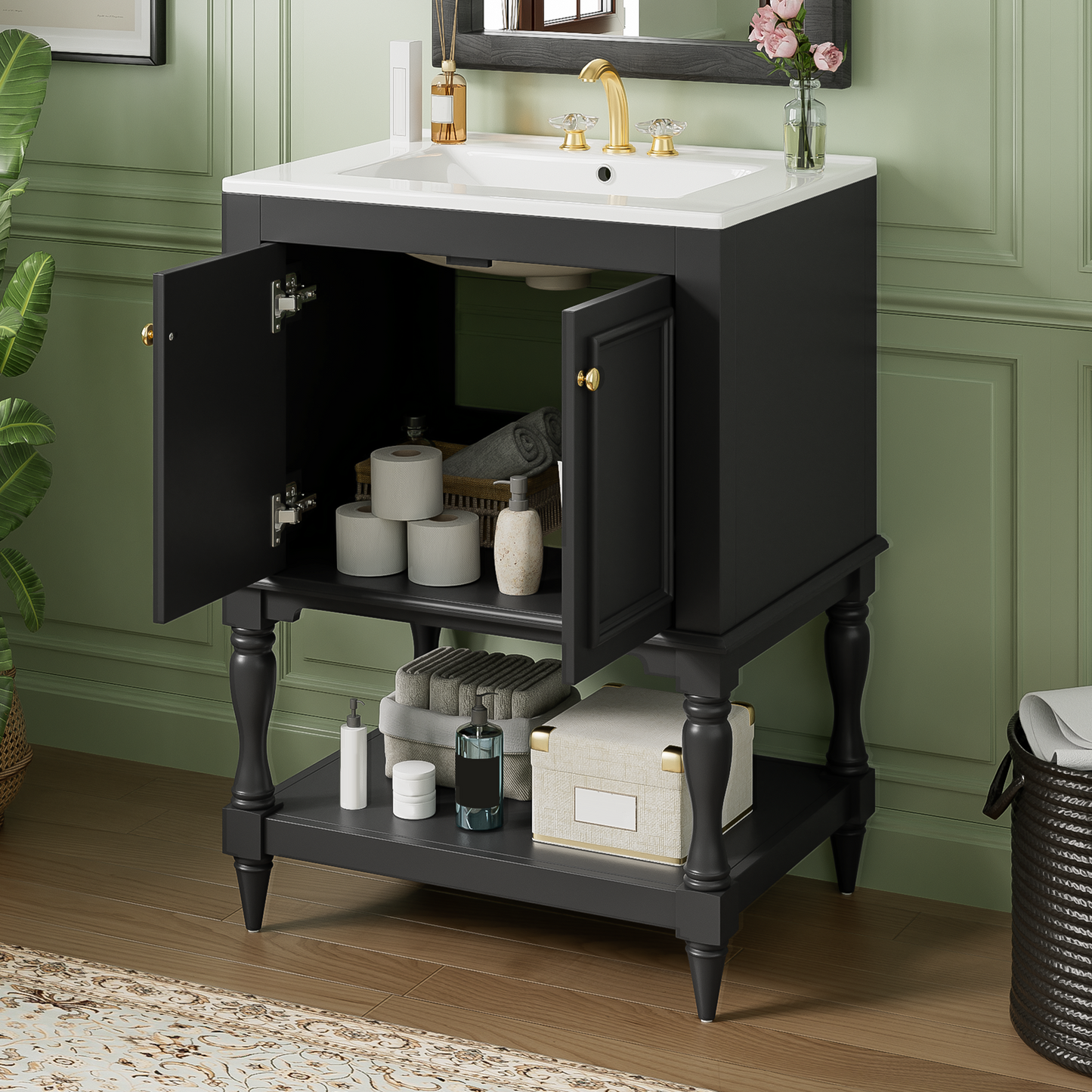24 Inch Modern Luxury Bathroom Vanity With Ceramic Sink, Bathroom Cabinet With Open Shelf And Closed Storage