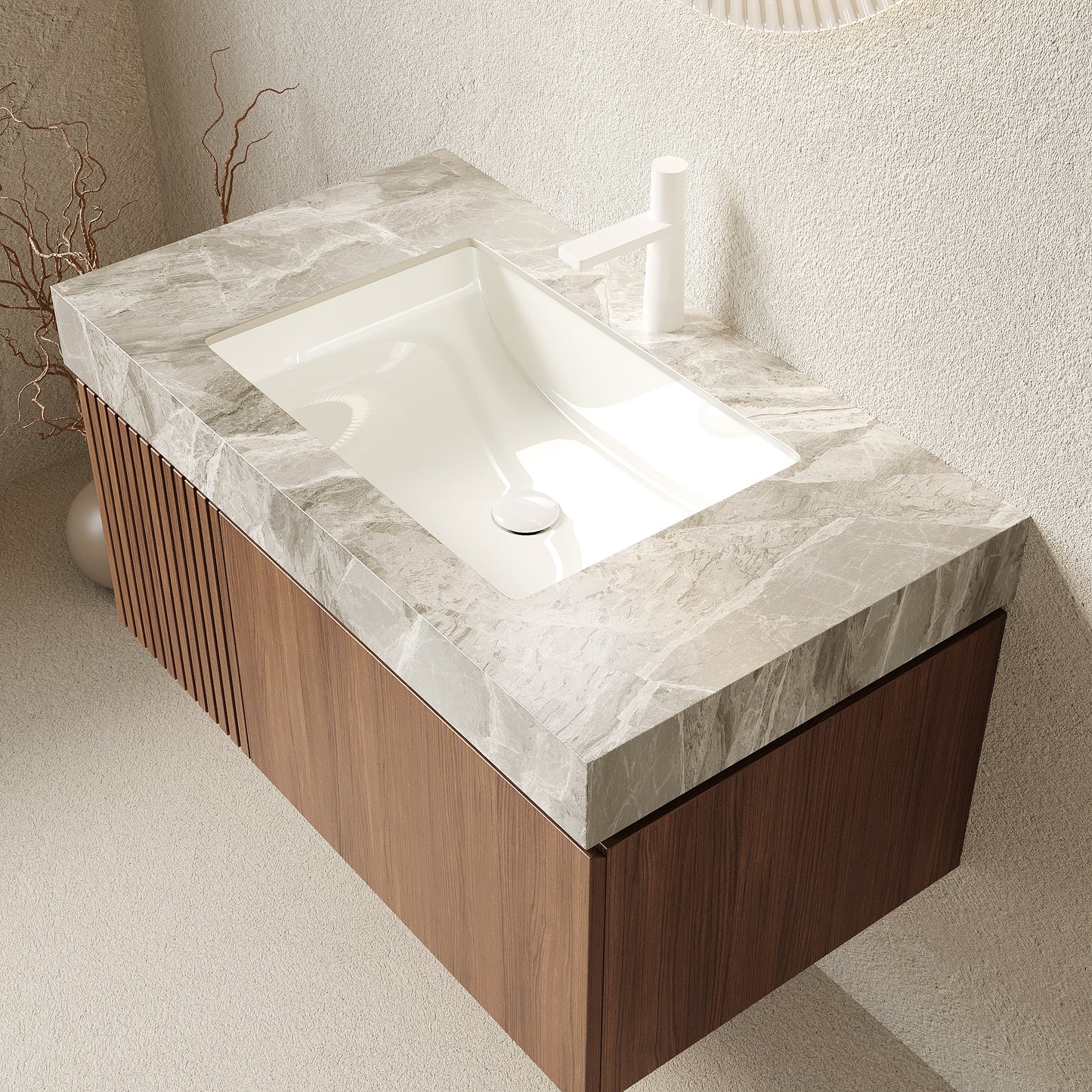MURI 36  Bathroom Vanity&Sink, Floating Plywood Storage Cabinet With Drawer&Door, Light Gray Sintered Stone Top&Ceramic Basin With 1 Pre-drilled Faucet Hole, Pre-assembled, Brown Oak Woodgrain Color