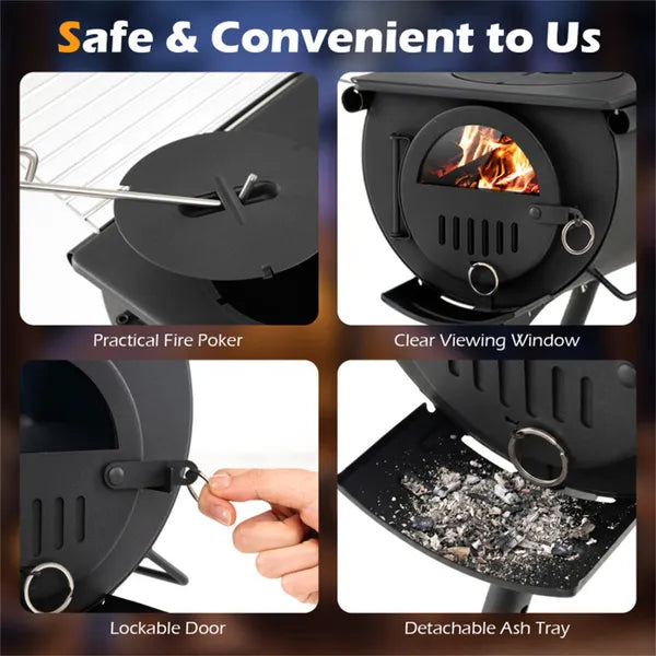Portable Foldable Wood Burning Tent Stove With 5 Sections Chimney, Heavy Duty Carbon Steel Camping Stove With View Window & Cooking Racks For Outdoor Hunting Camping