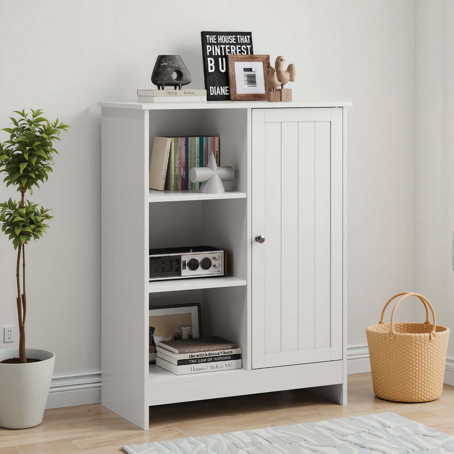Bathroom Cabinet, Kitchen Freestanding Storage Rack, 23.62 X 11.81 X 31.5 Floor Storage Cabinet With 1 Cabinet, 3 Open Compartments, Adjustable Shelves, White