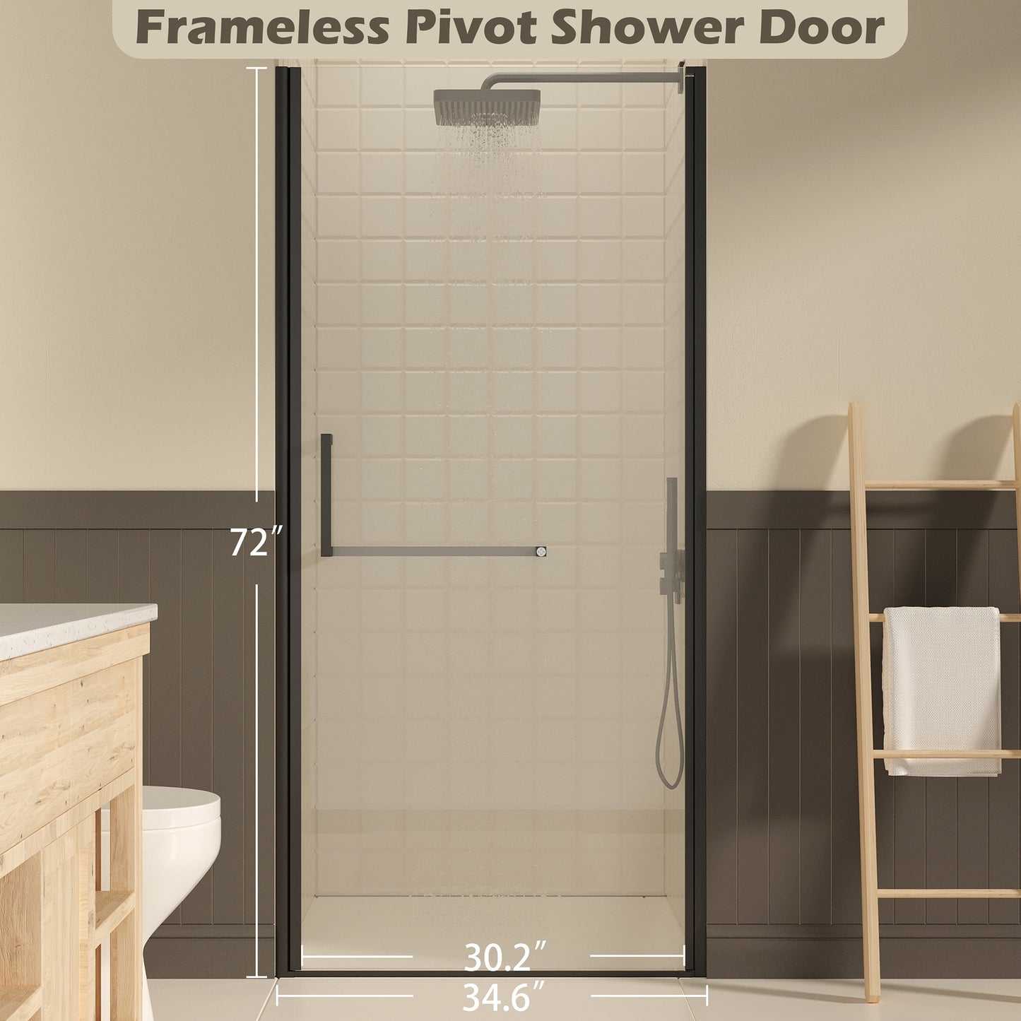 33-34 W  72 H Frameless Pivot Shower Door, Pivot Swing Shower Glass Doors With 0.25 6mm  SGCC Clear Tempered Glass,Explosion-Proof Film, Reversible Installation, Matte Black