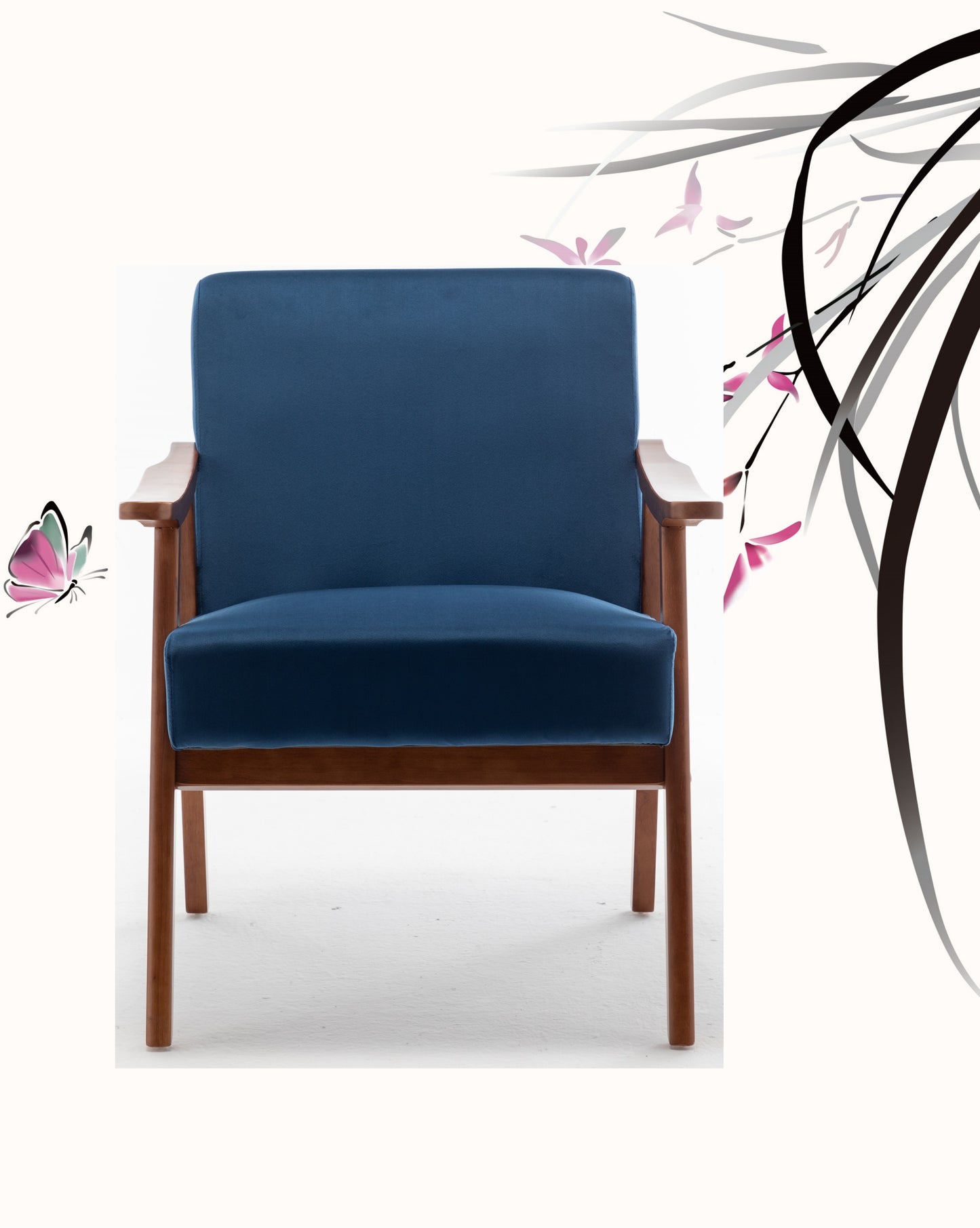 Accent Chair With Velvet Upholstery And Solid Wood Frame, Classic Mid-Century Modern Living Room Furniture For Extra Seating, Dark Blue