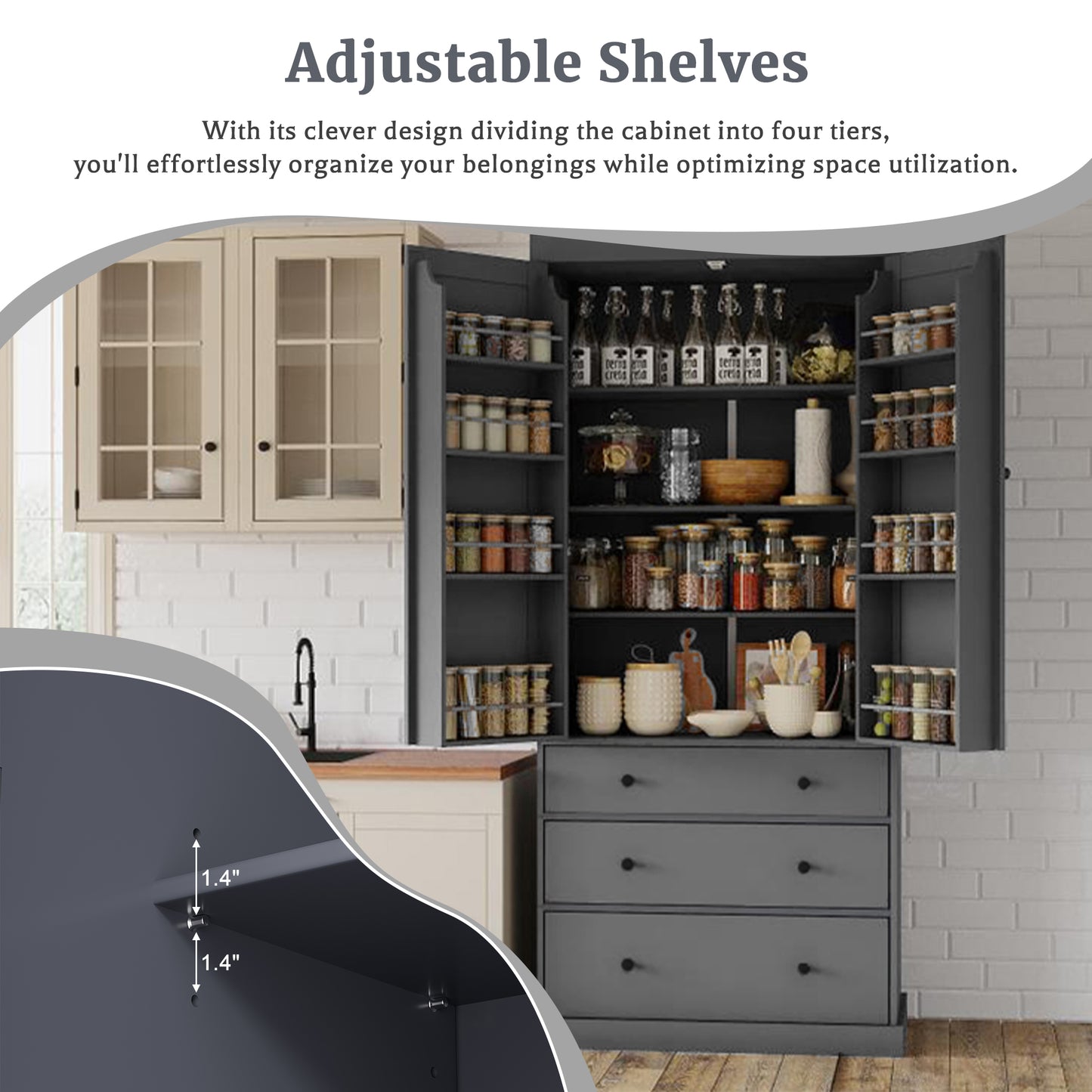 TOPMAx 77  Farmhouse Kitchen Pantry  Freestanding Tall Cupboard Storage Cabinet With 3 Adjustable Shelves  8 Door Shelves  3 Drawers For Kitchen  Dining Room  Gray  SP000047