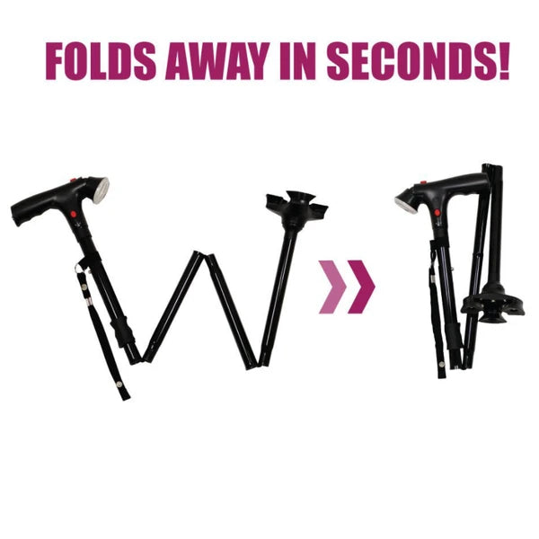 Collapsible Adjustable Height Cane With LED Light Alert Button Walking Stick