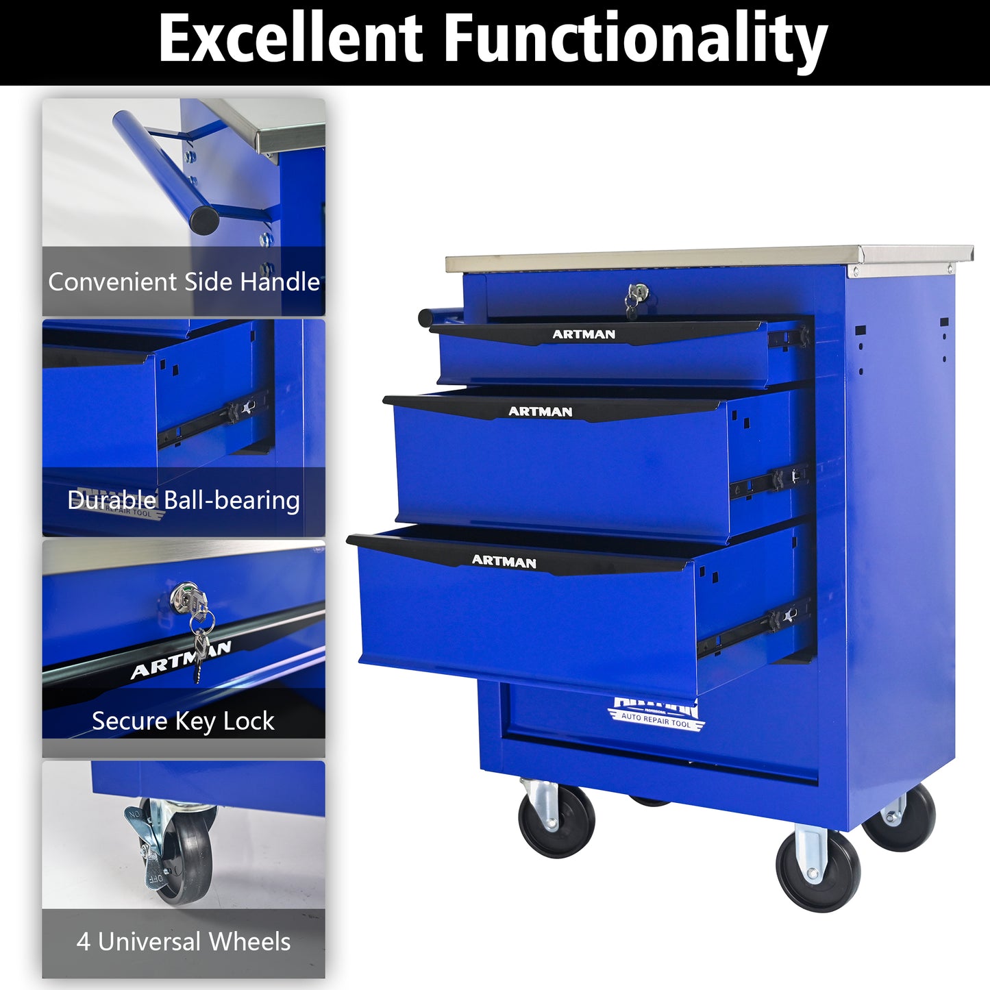 4 Drawers Multifunctional Tool Cart With Wheels,Metal Rolling Tool Cart Storage For Garage Workshop Warehouse Repair Shop--With  Stainless Steel Roof- BLACK&BLUE