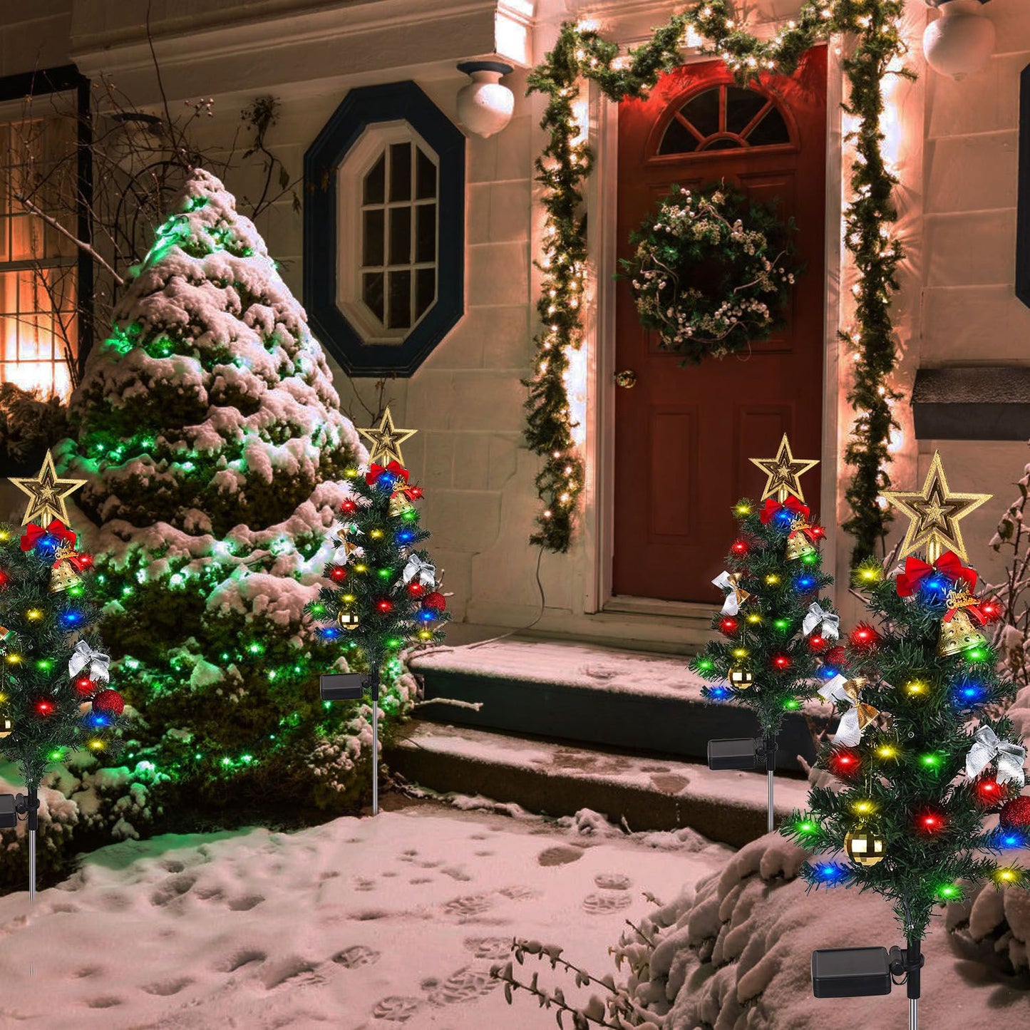 4Packs Solar Christmas Tree Lights Xmas Garden Decorations Tree Stake Lamp 20LEDs Solar Decor Light With Constant And Flashing Mode For Pathway Yard Patio Landscape