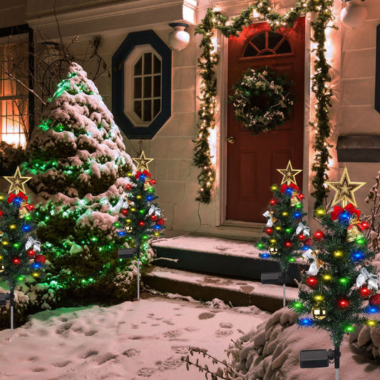 4Packs Solar Christmas Tree Lights Xmas Garden Decorations Tree Stake Lamp 20LEDs Solar Decor Light With Constant And Flashing Mode For Pathway Yard Patio Landscape